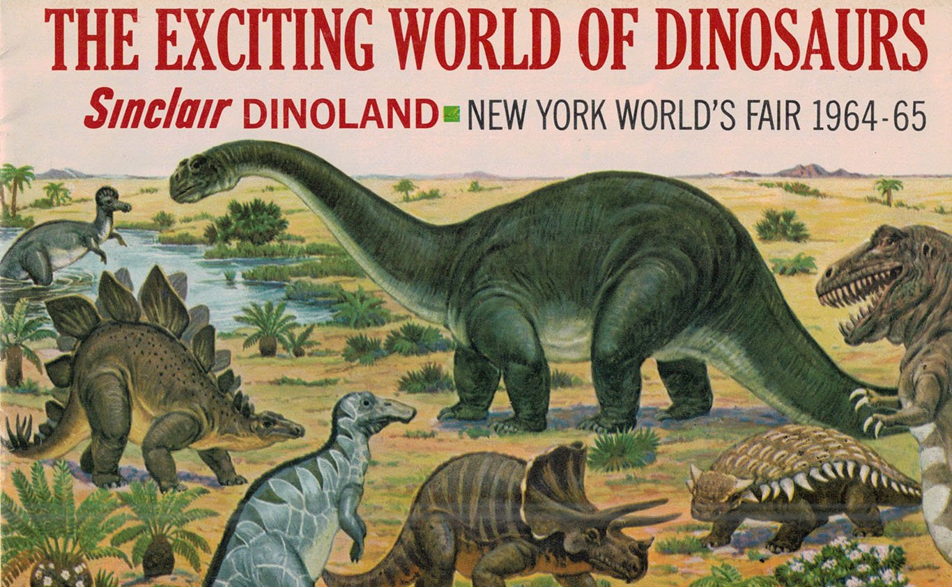 A brochure titled, 'The Exciting World of Dinosaurs' from the New York World's Fair 1964-65. The cover is dominated by a brontosaurus. Within a subtropical landscape of grassland, small palms, and a pond, it shows several other dinosaurs, including a stegosaurus, triceratops, ankylosaurus, two duck-billed dinosaurs, and, at the corner, the head of a tyrannosaurus rex with an open mouth and menancing teeth. The dinosaurs have the heavy, plodding shapes common in imagery of that era, unlike the more nimble figures we see in today's reconstructions. It is from the Sinclair Dinoland where the Sinclair Oil Company displayed huge figures like these.