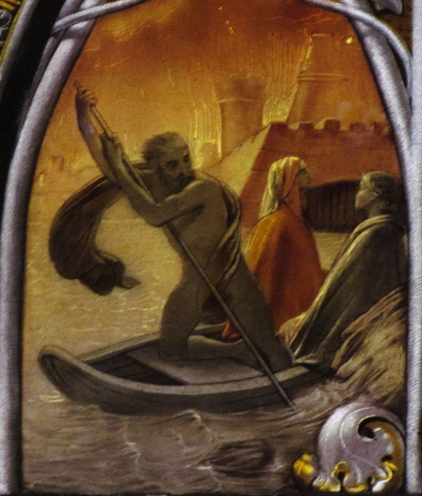 A detail of a stained glass window in which Phlegyas ferries Vergil and Dante over the muddy waters of the River Styx towards the flaming walls and towers of the City of Dis.