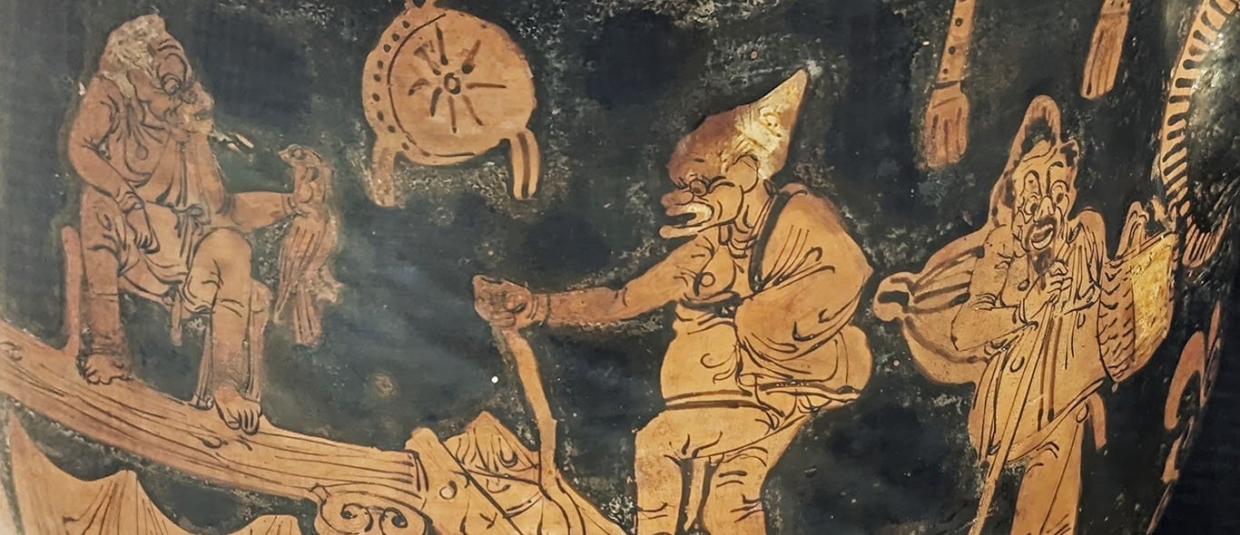 On the red-figure bell krater, an old man with a pointed cap and staff climbs the steps to the seated oracle who holds an eagle in his hand. Behind him, the slave faces the viewer. He also holds a staff, carries a basket, and has a sack on his back. All figures are caricatures with large round eyes and exaggerated lipss and noses.