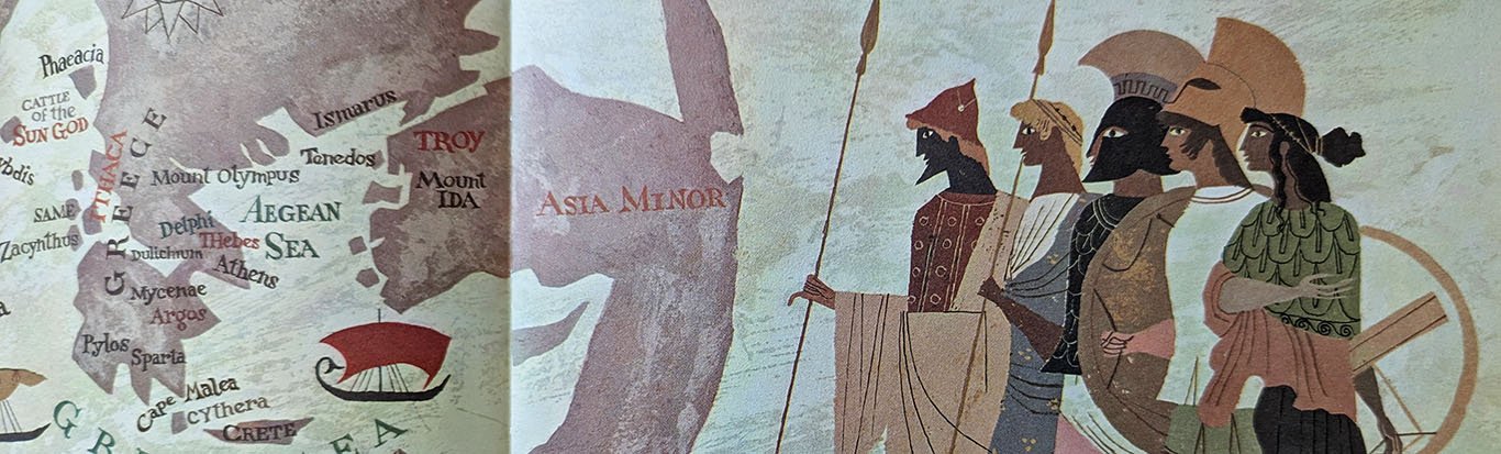 Detail of the illustration introducing the Odyssey in The Iliad and the Odyssey, A Giant Golden Book illustrated by Alice and Martin Provensen, published in 1956. It shows a map of Greece and the Aegean Sea and five figures in Greek dress looking on. Four are men, one a woman. Two men hold spears, two wear helmets.