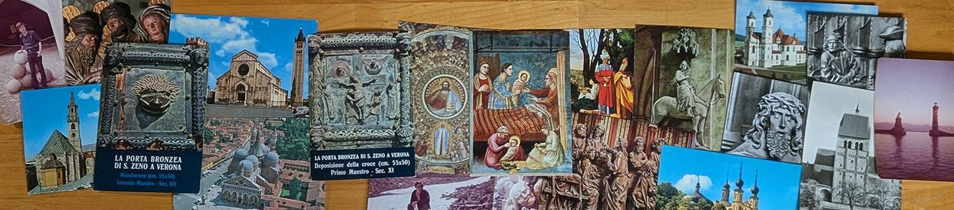 A collage of postcards of monuments and art works from my high school trip to Austria and the excursions I describe here.